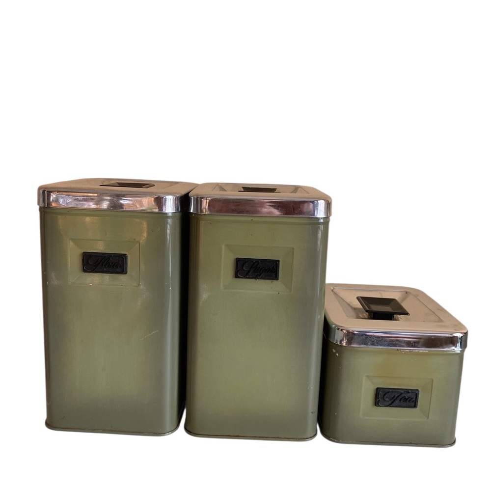 70s MSM Eatons Canaada Metal Canister Set 3 Peice Advacado Green Flour Sugar Tea